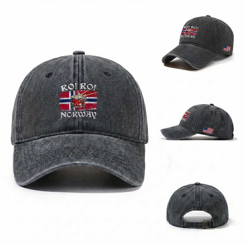 Funny Norway Drummer Ro Ro Washed Cotton Baseball Cap Patriotic Norge Norwegian Flag Rowing Support TS02 Washed Cap Universal Fit Dark Gray Print Your Wear