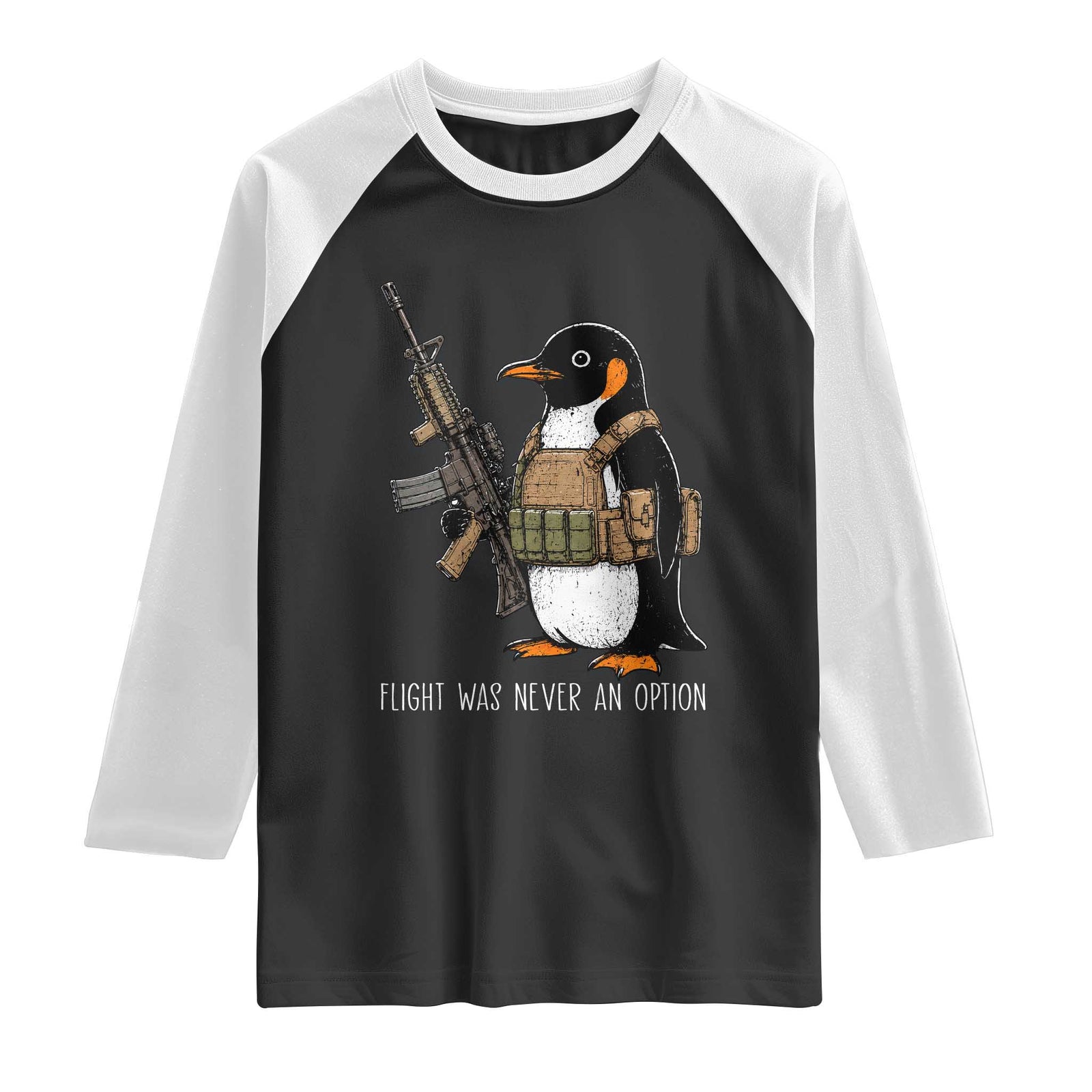Flight Was Never An Option Tactical Penguin Raglan Shirt Funny Military Camo Vest Combat Animal Dark Humor Graphic TS02 Black White Print Your Wear