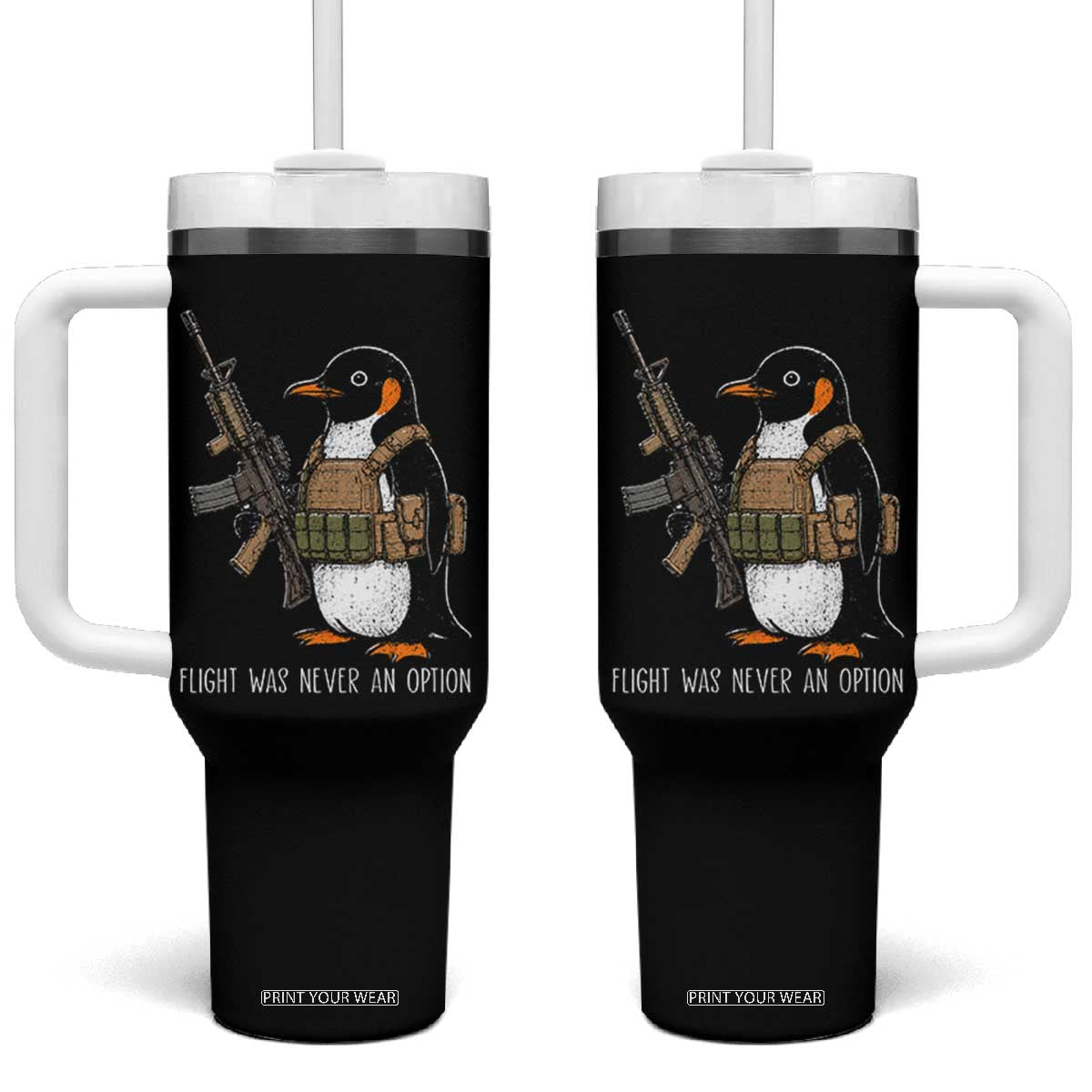 Flight Was Never An Option Tactical Penguin Tumbler With Handle Funny Military Camo Vest Combat Animal Dark Humor Graphic TS02 One Size: 40 oz Black Print Your Wear