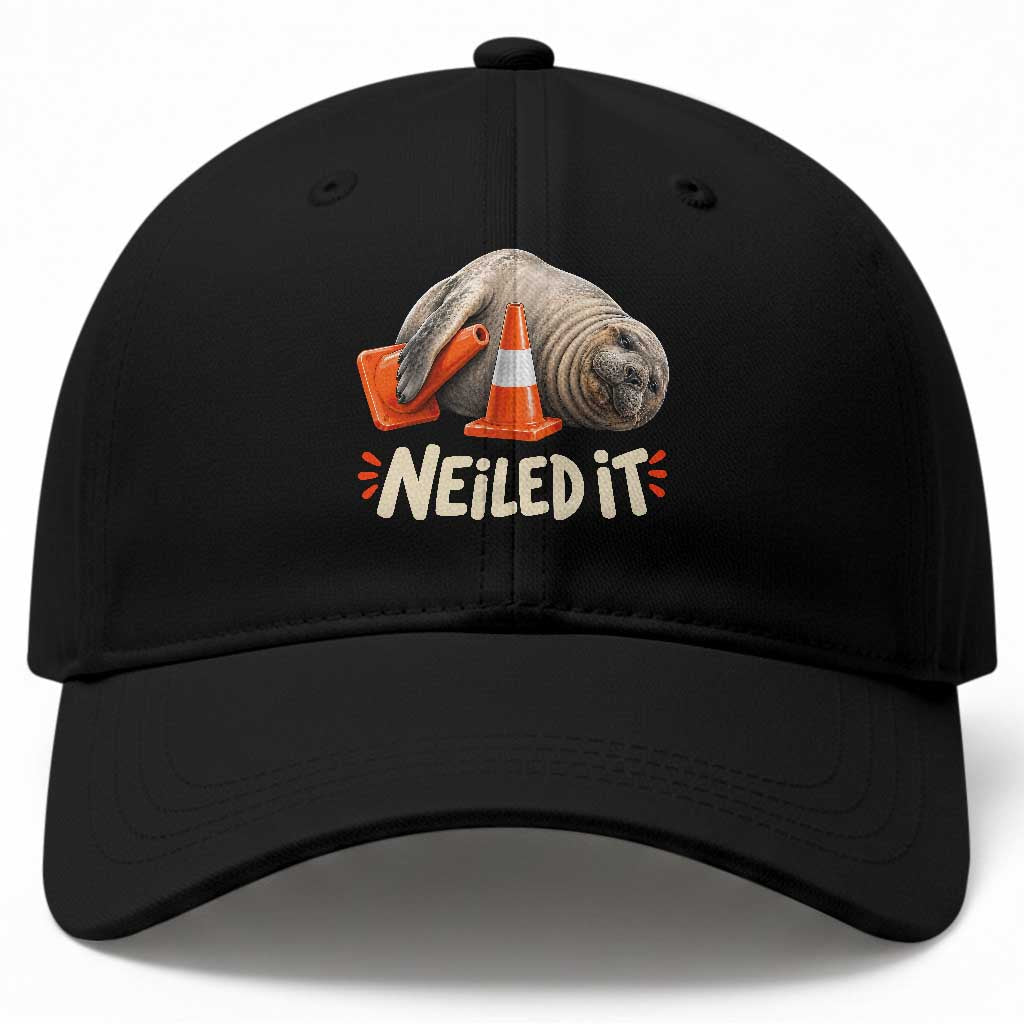 Funny Neil The Seal Nailed It Meme Baseball Cap Cute Chaotic Viral Elephant Seal Traffic Cone Pun TS02 Print Your Wear