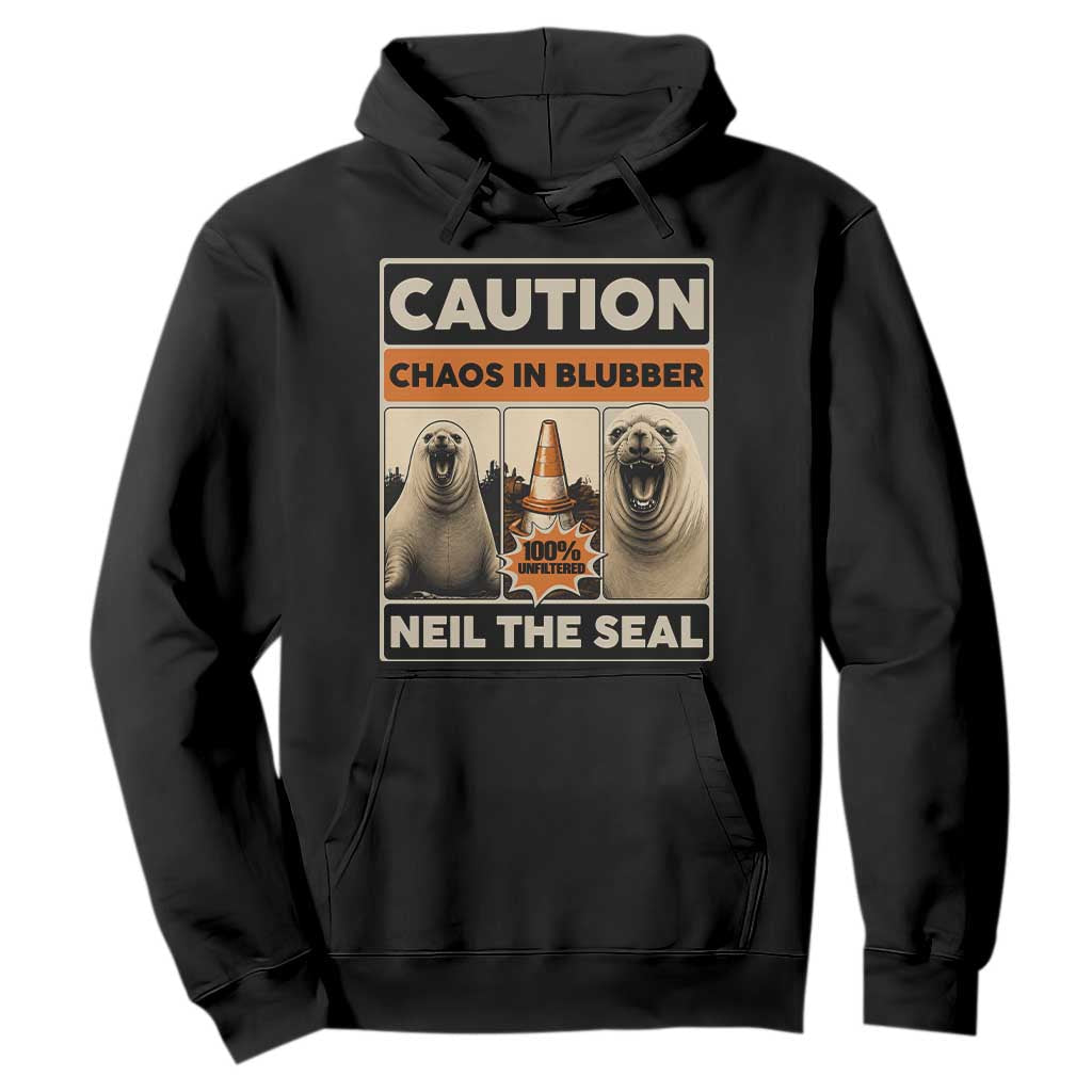 Retro Neil the Seal Caution Chaos in Blubber Hoodie Funny Viral Chaotic Elephant Seal Traffic Cone Meme TS02 Black Print Your Wear
