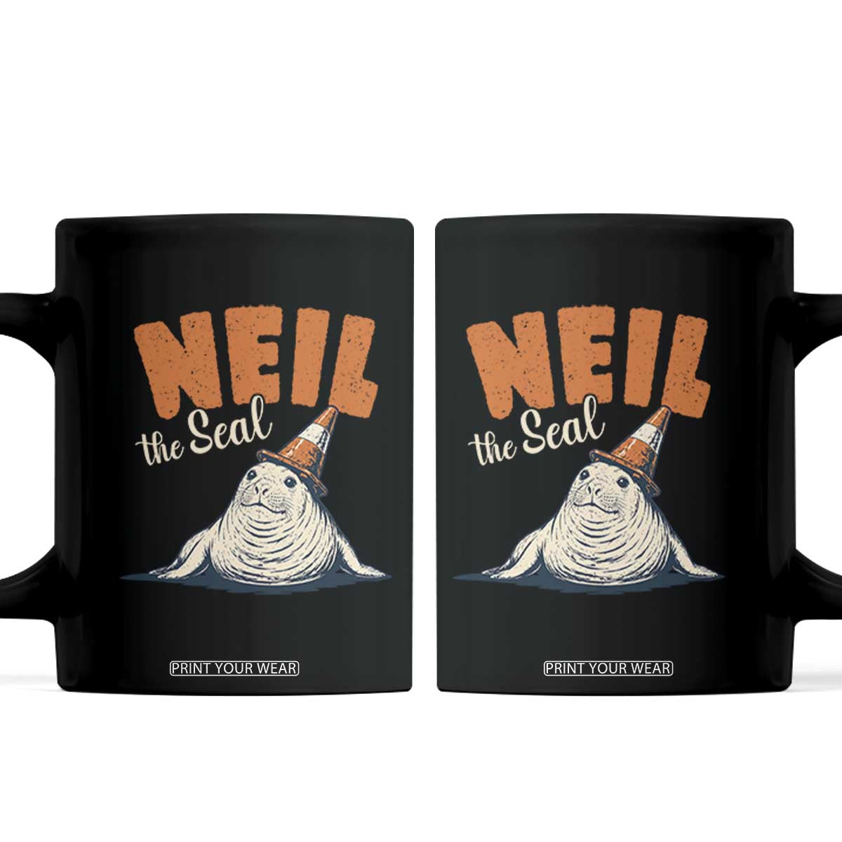 Vintage Neil the Seal Wearing Traffic Cone Hat Meme Coffee Mug Cute Retro Viral Chaotic Southern Elephant Seal TS02 Black Print Your Wear