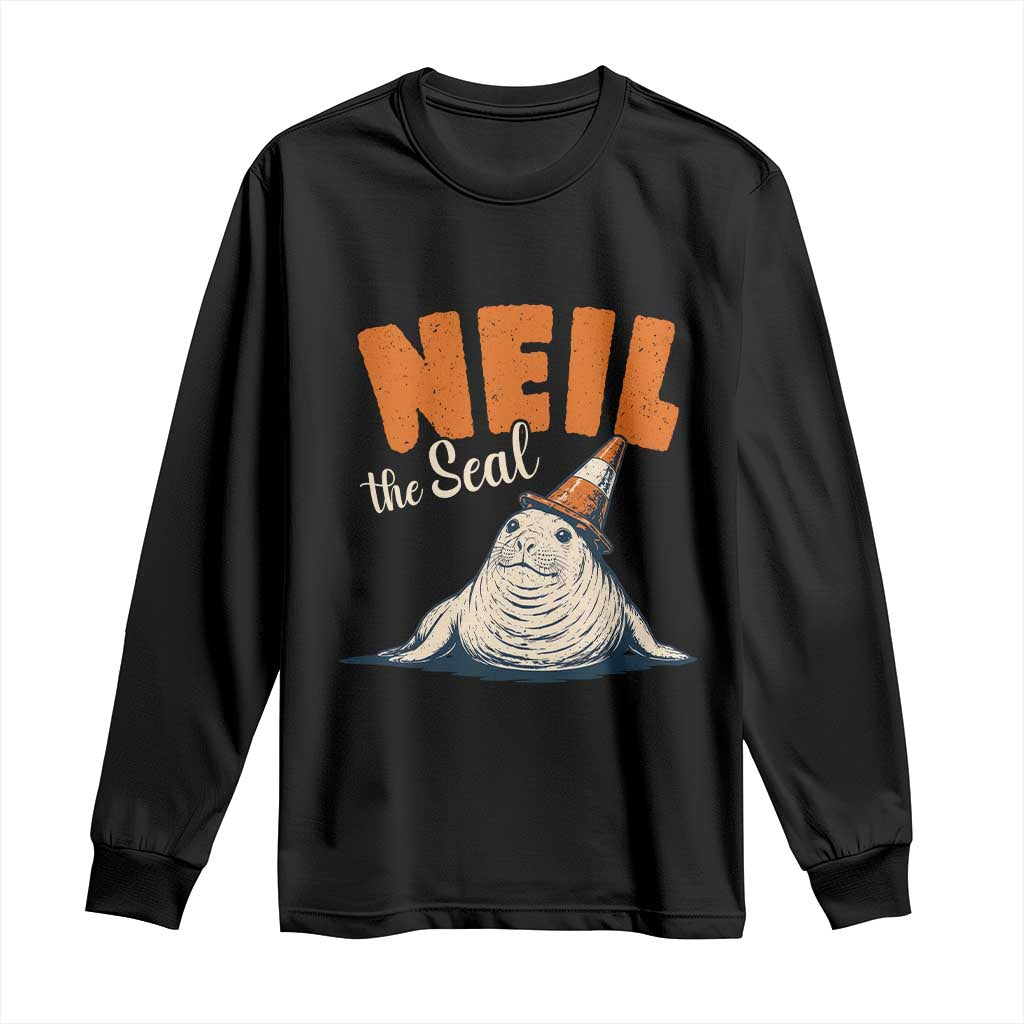 Vintage Neil the Seal Wearing Traffic Cone Hat Meme Long Sleeve Shirt Cute Retro Viral Chaotic Southern Elephant Seal TS02 Black Print Your Wear