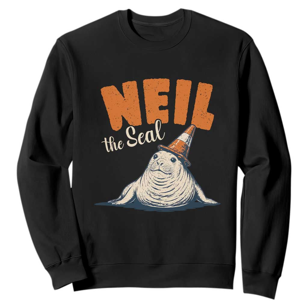 Vintage Neil the Seal Wearing Traffic Cone Hat Meme Sweatshirt Cute Retro Viral Chaotic Southern Elephant Seal TS02 Black Print Your Wear