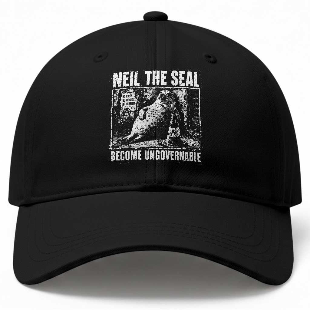 Punk Rock Neil the Seal Become Ungovernable Poster Style Baseball Cap Funny Viral Chaotic Elephant Seal Traffic Cone Meme TS02 Print Your Wear