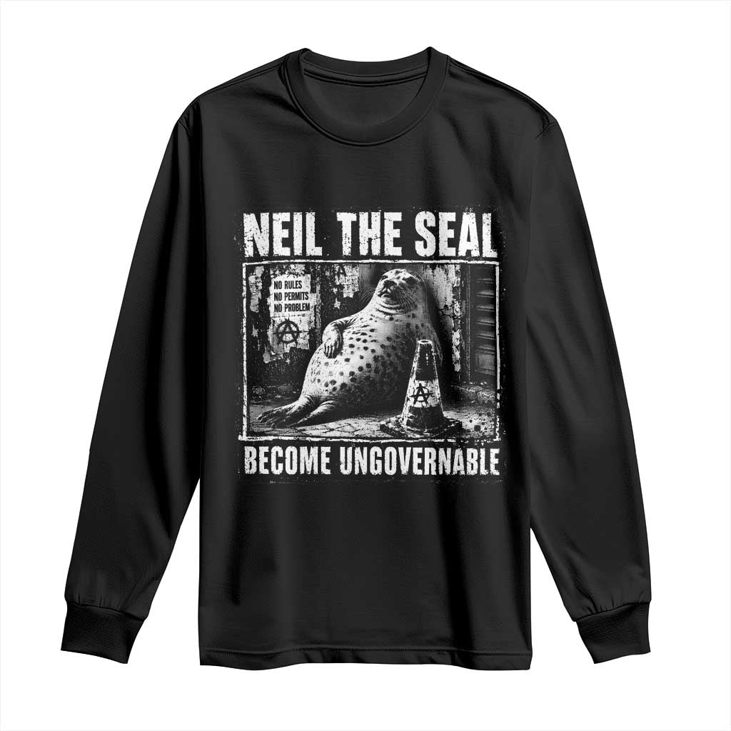 Punk Rock Neil the Seal Become Ungovernable Poster Style Long Sleeve Shirt Funny Viral Chaotic Elephant Seal Traffic Cone Meme TS02 Black Print Your Wear