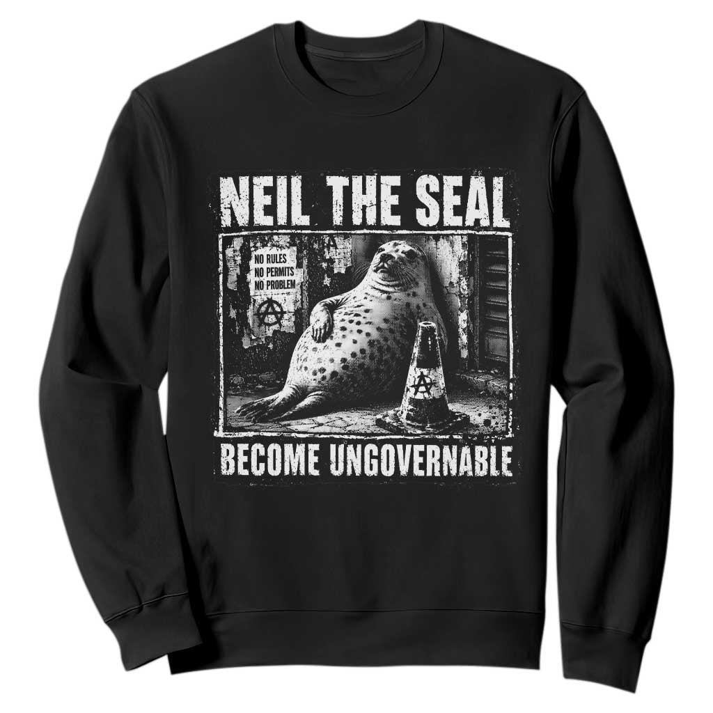Punk Rock Neil the Seal Become Ungovernable Poster Style Sweatshirt Funny Viral Chaotic Elephant Seal Traffic Cone Meme TS02 Black Print Your Wear