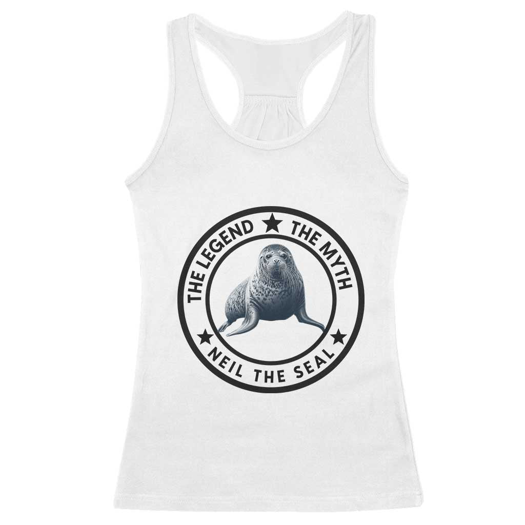 The Legend The Myth Neil The Seal Emblem Graphic Racerback Tank Top Funny Viral Southern Elephant Seal Meme TS02 White Print Your Wear