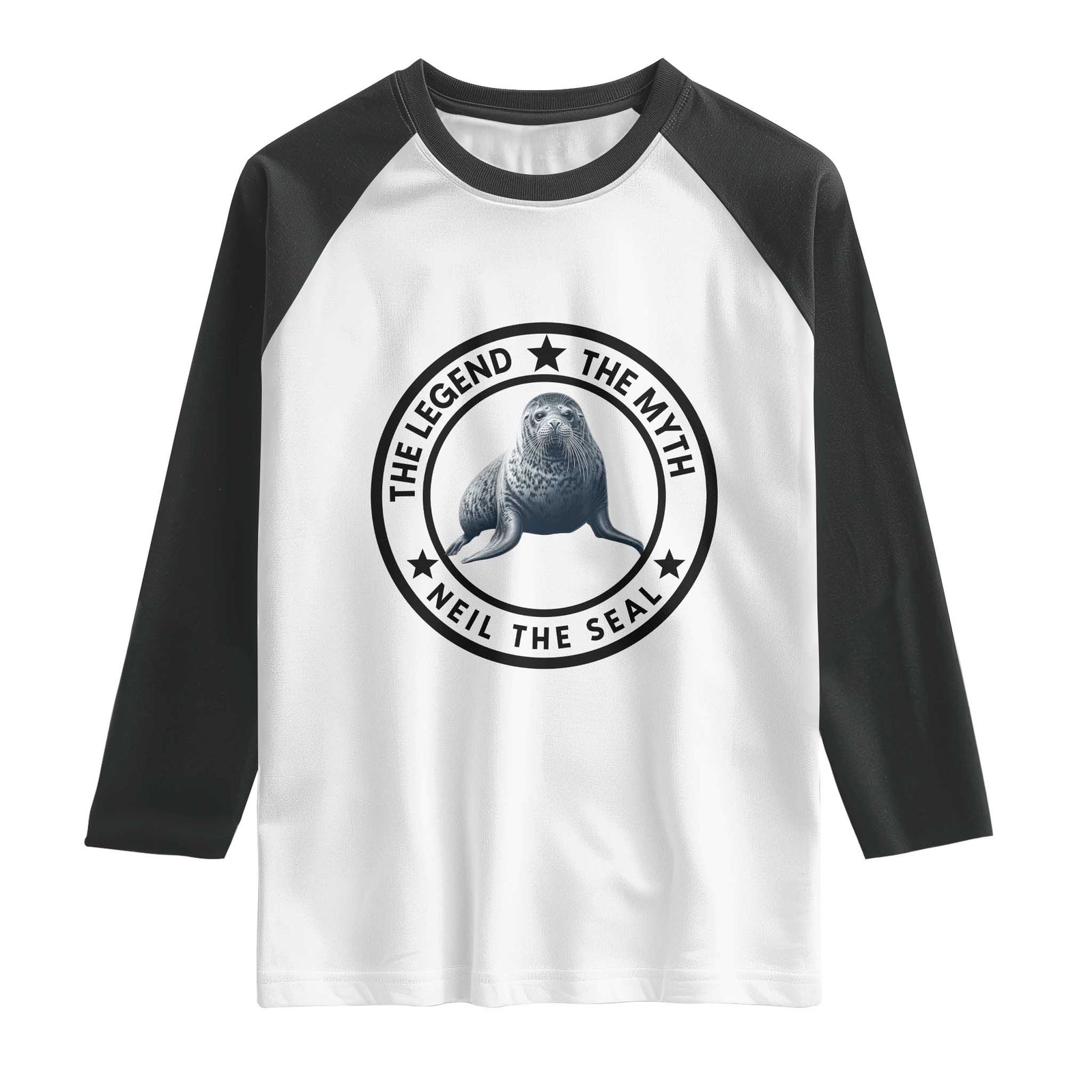 The Legend The Myth Neil The Seal Emblem Graphic Raglan Shirt Funny Viral Southern Elephant Seal Meme TS02 White Black Print Your Wear