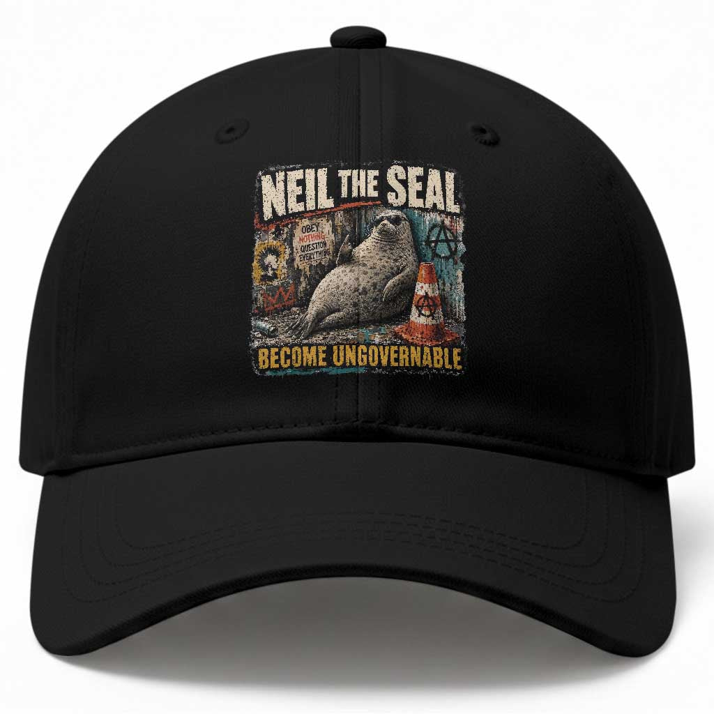 Edgy Neil the Seal Become Ungovernable Graffiti Graphic Baseball Cap Sarcastic Rebel Viral Chaotic Elephant Seal Sunglasses Meme TS02 Print Your Wear