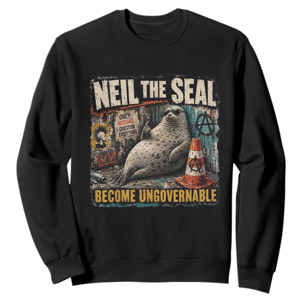 Edgy Neil the Seal Become Ungovernable Graffiti Graphic Sweatshirt Sarcastic Rebel Viral Chaotic Elephant Seal Sunglasses Meme TS02 Black Print Your Wear