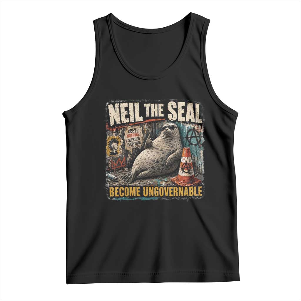 Edgy Neil the Seal Become Ungovernable Graffiti Graphic Tank Top Sarcastic Rebel Viral Chaotic Elephant Seal Sunglasses Meme TS02 Black Print Your Wear