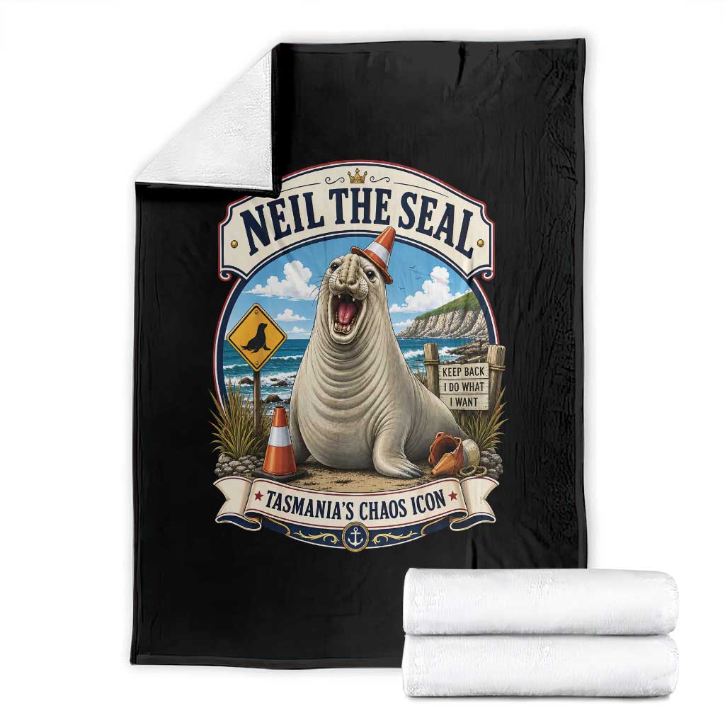 Retro Neil the Seal Tasmanias Chaos Icon Throw Blanket Funny Roaring Elephant Seal Traffic Cone Meme TS02 Black Print Your Wear