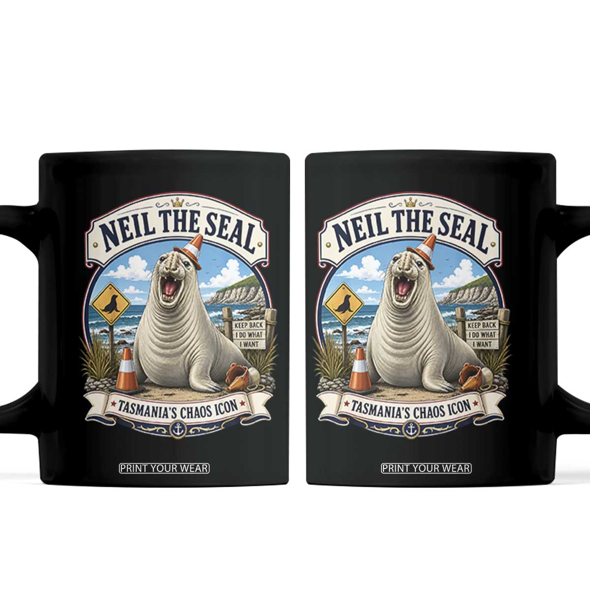 Retro Neil the Seal Tasmanias Chaos Icon Coffee Mug Funny Roaring Elephant Seal Traffic Cone Meme TS02 Black Print Your Wear