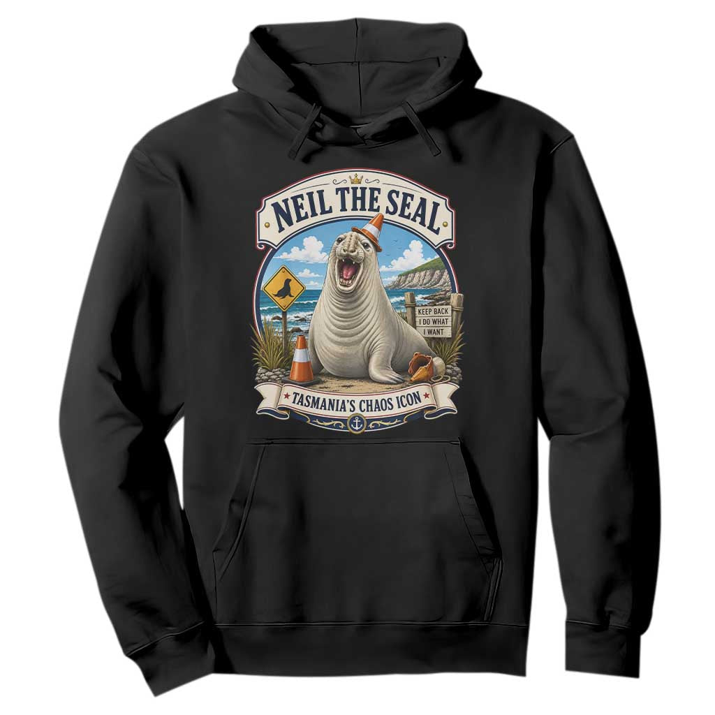 Retro Neil the Seal Tasmanias Chaos Icon Hoodie Funny Roaring Elephant Seal Traffic Cone Meme TS02 Black Print Your Wear