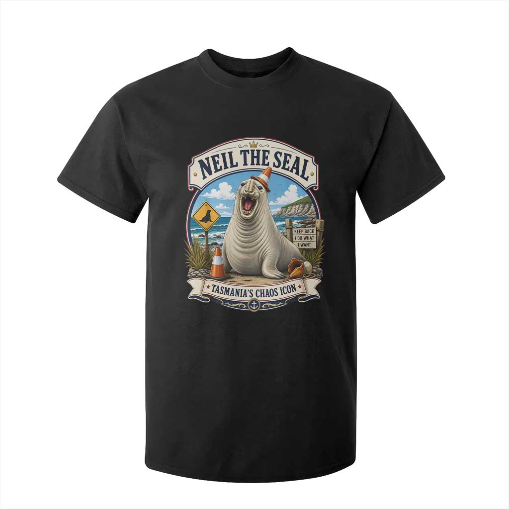 Retro Neil the Seal Tasmanias Chaos Icon T Shirt For Kid Funny Roaring Elephant Seal Traffic Cone Meme TS02 Black Print Your Wear