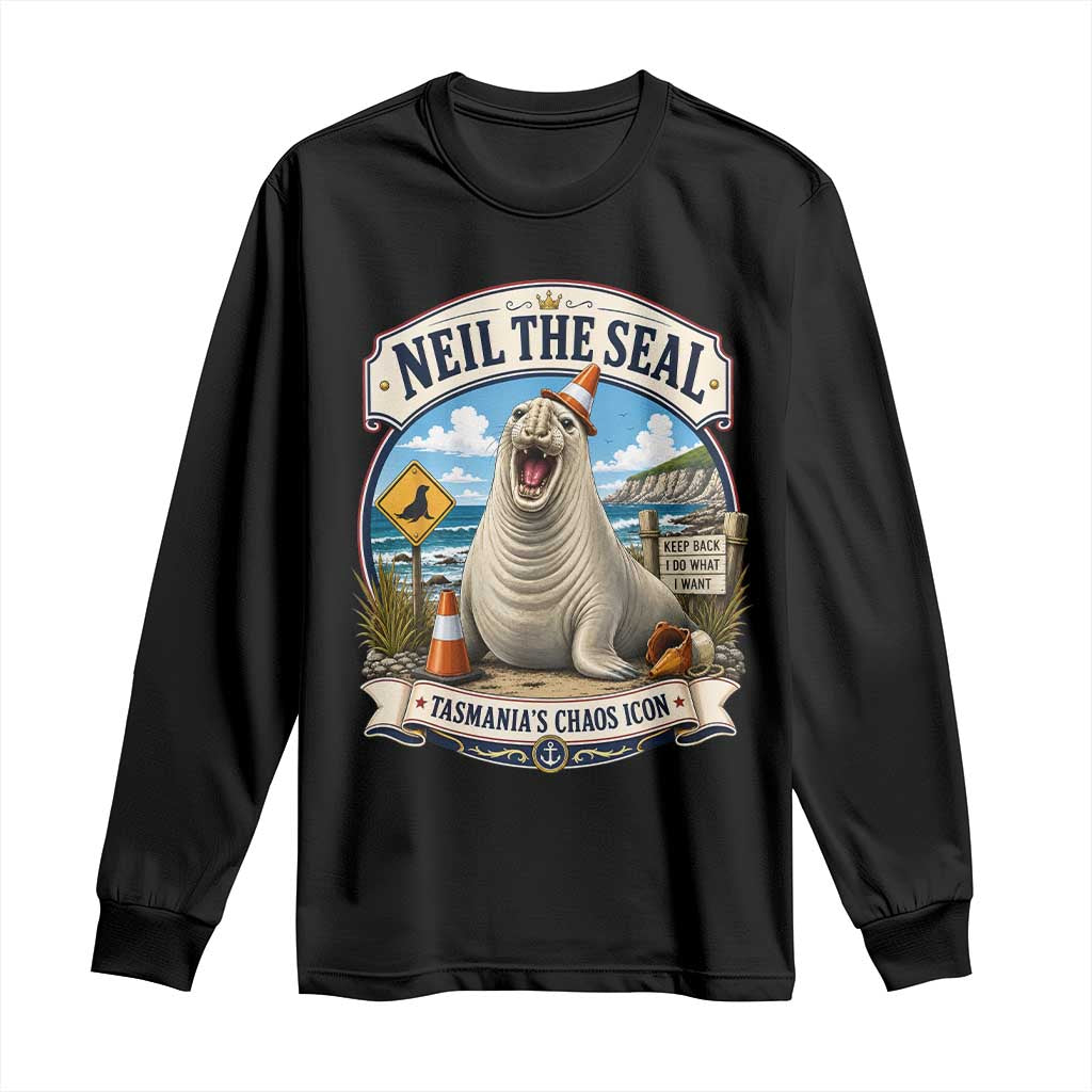 Retro Neil the Seal Tasmanias Chaos Icon Long Sleeve Shirt Funny Roaring Elephant Seal Traffic Cone Meme TS02 Black Print Your Wear