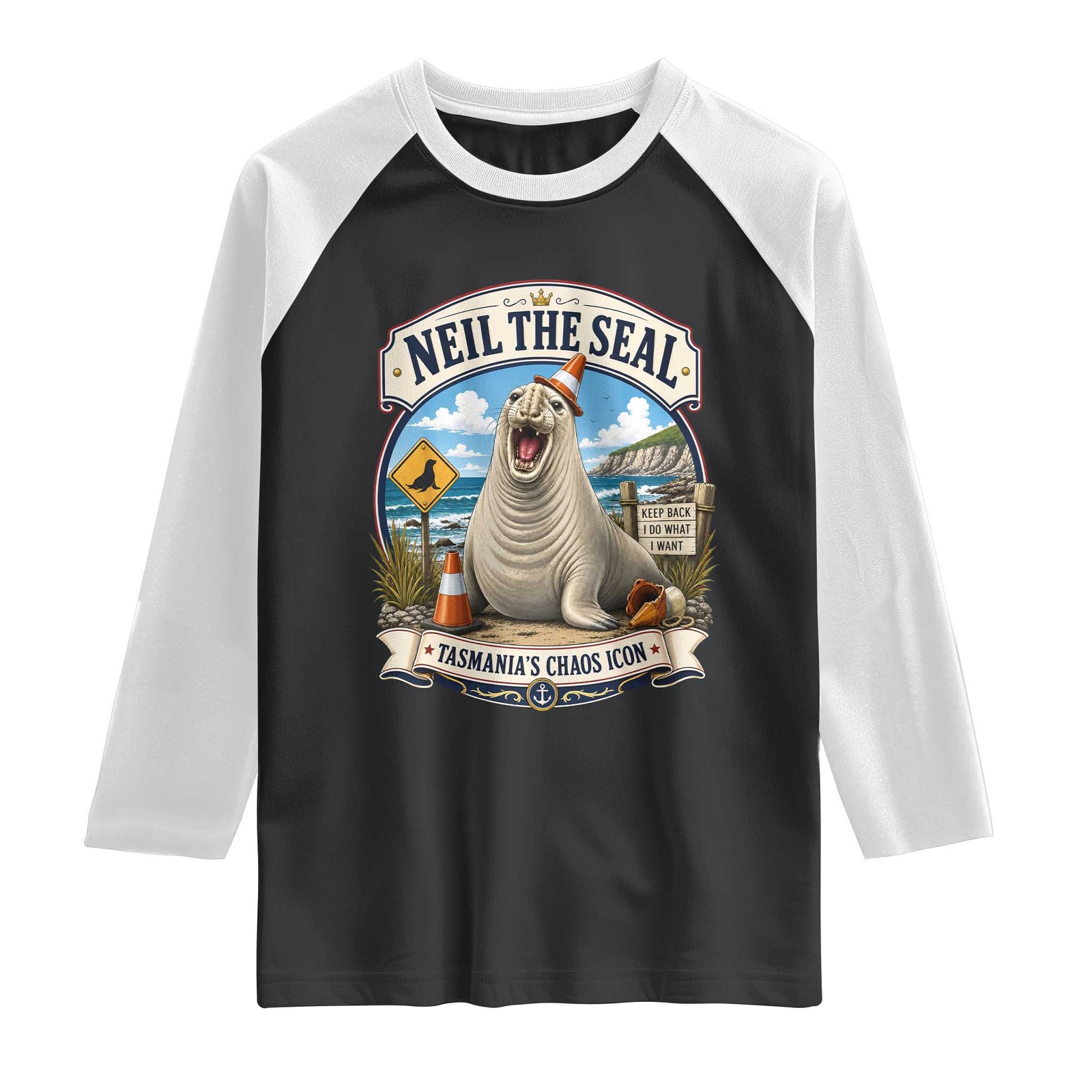 Retro Neil the Seal Tasmanias Chaos Icon Raglan Shirt Funny Roaring Elephant Seal Traffic Cone Meme TS02 Black White Print Your Wear