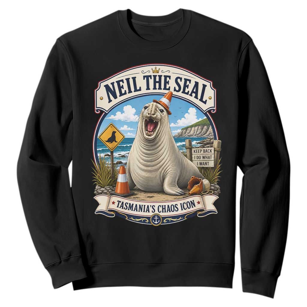 Retro Neil the Seal Tasmanias Chaos Icon Sweatshirt Funny Roaring Elephant Seal Traffic Cone Meme TS02 Black Print Your Wear