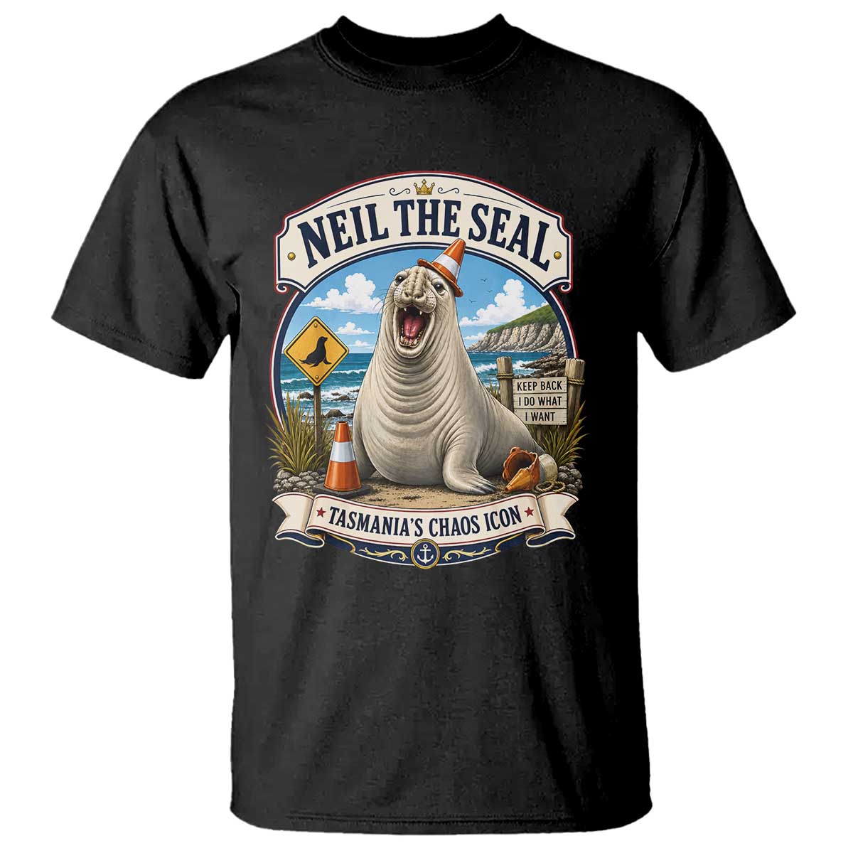 Retro Neil the Seal Tasmanias Chaos Icon T Shirt Funny Roaring Elephant Seal Traffic Cone Meme TS02 Black Print Your Wear