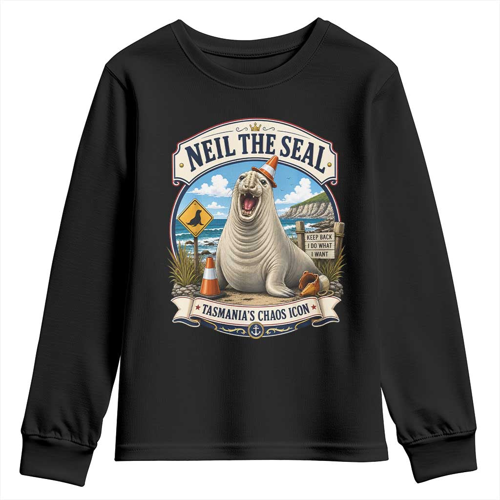 Retro Neil the Seal Tasmanias Chaos Icon Youth Sweatshirt Funny Roaring Elephant Seal Traffic Cone Meme TS02 Black Print Your Wear