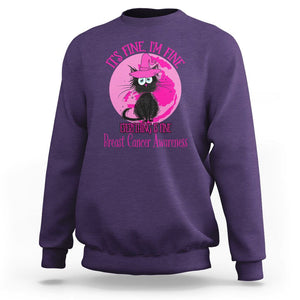 Breast Cancer Cat Sweatshirt It's Fine I'm Fine Everything's Fine Black Cat Breast Cancer Warrior TS02 Purple Printyourwear