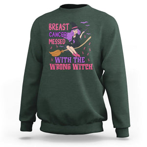 Breast Cancer Witch Sweatshirt Breast Cancer Messed With Wrong Witch Riding Stick Pink Ribbon Halloween Witch TS02 Dark Forest Green Printyourwear