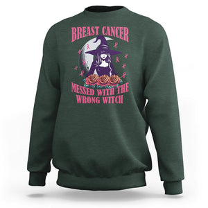 Breast Cancer Witch Sweatshirt Breast Cancer Messed With Wrong Witch Pink Ribbon Halloween Witch TS02 Dark Forest Green Printyourwear