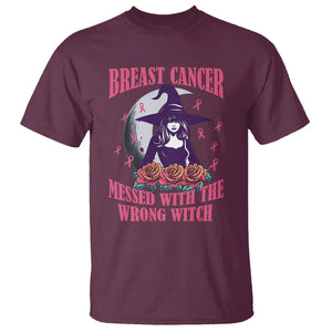 Breast Cancer Witch T Shirt Breast Cancer Messed With Wrong Witch Pink Ribbon Halloween Witch TS02 Maroon Printyourwear