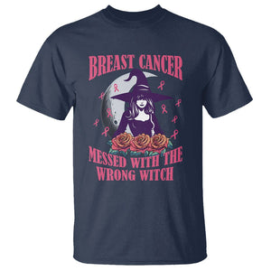 Breast Cancer Witch T Shirt Breast Cancer Messed With Wrong Witch Pink Ribbon Halloween Witch TS02 Navy Printyourwear