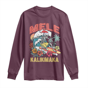 Christmas in Hawaii Long Sleeve Shirt Mele Kalikimaka Hawaiian Tropical Surfing Skeleton TS02 Maroon Print Your Wear