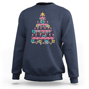 Cute Pink Flamingo Christmas Tree with Hibiscus Merry Xmas Sweatshirt TS02 Navy Printyourwear