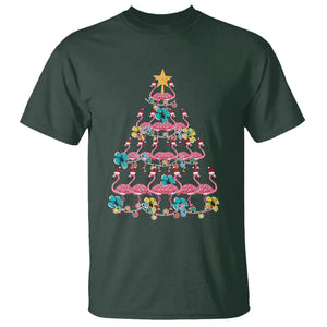 Cute Pink Flamingo Christmas Tree with Hibiscus Merry Xmas T Shirt TS02 Dark Forest Green Printyourwear