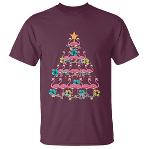 Cute Pink Flamingo Christmas Tree with Hibiscus Merry Xmas T Shirt TS02 Maroon Printyourwear