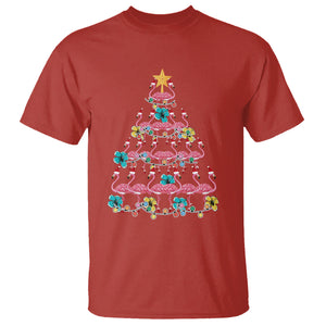 Cute Pink Flamingo Christmas Tree with Hibiscus Merry Xmas T Shirt TS02 Red Printyourwear