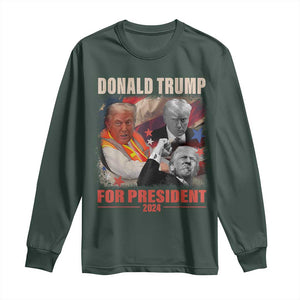 Trump 2024 Long Sleeve Shirt He Won For President 45 47 American Flag TS02 Dark Forest Green Print Your Wear