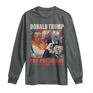 Trump 2024 Long Sleeve Shirt He Won For President 45 47 American Flag TS02 Dark Heather Print Your Wear