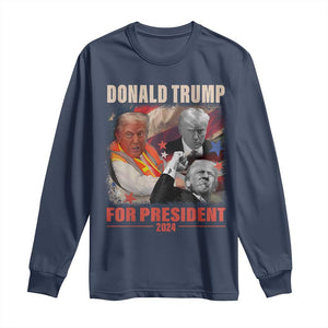 Trump 2024 Long Sleeve Shirt He Won For President 45 47 American Flag TS02 Navy Print Your Wear