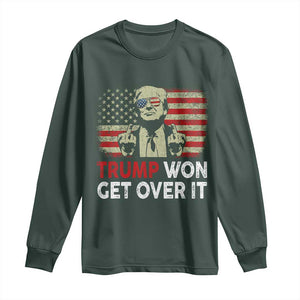 Trump 2024 Long Sleeve Shirt He Won Get Over It Patriotic Vintage American Flag TS02 Dark Forest Green Print Your Wear