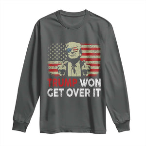 Trump 2024 Long Sleeve Shirt He Won Get Over It Patriotic Vintage American Flag TS02 Dark Heather Print Your Wear