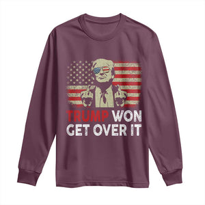 Trump 2024 Long Sleeve Shirt He Won Get Over It Patriotic Vintage American Flag TS02 Maroon Print Your Wear