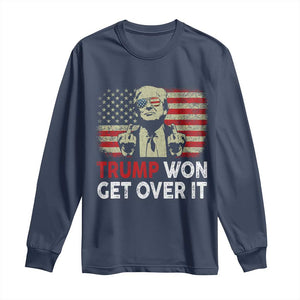 Trump 2024 Long Sleeve Shirt He Won Get Over It Patriotic Vintage American Flag TS02 Navy Print Your Wear