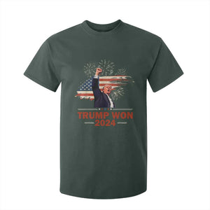 Trump Won 2024 T Shirt For Kid 47th President American Flag Raised Fist TS02 Dark Forest Green Print Your Wear