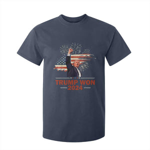 Trump Won 2024 T Shirt For Kid 47th President American Flag Raised Fist TS02 Navy Print Your Wear