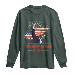 Trump Won 2024 Long Sleeve Shirt 47th President American Flag Raised Fist TS02 Dark Forest Green Print Your Wear