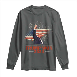 Trump Won 2024 Long Sleeve Shirt 47th President American Flag Raised Fist TS02 Dark Heather Print Your Wear