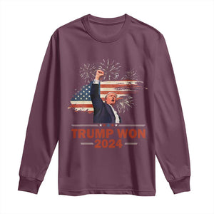 Trump Won 2024 Long Sleeve Shirt 47th President American Flag Raised Fist TS02 Maroon Print Your Wear