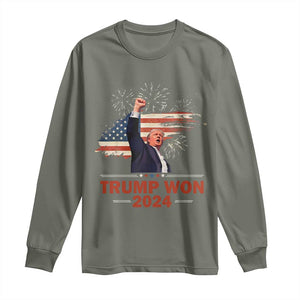 Trump Won 2024 Long Sleeve Shirt 47th President American Flag Raised Fist TS02 Military Green Print Your Wear