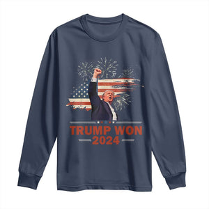 Trump Won 2024 Long Sleeve Shirt 47th President American Flag Raised Fist TS02 Navy Print Your Wear