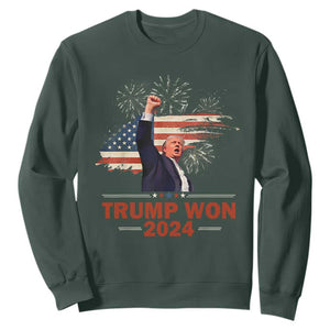 Trump Won 2024 Sweatshirt 47th President American Flag Raised Fist TS02 Dark Forest Green Print Your Wear